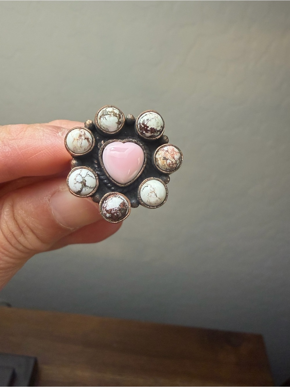 Wild horse genuine turquoise & Pink Conc Heart Copper adjustable Ring